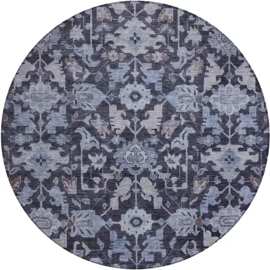 8' Navy Blue And Plum Round Floral Washable Indoor Outdoor Area Rug Photo 1