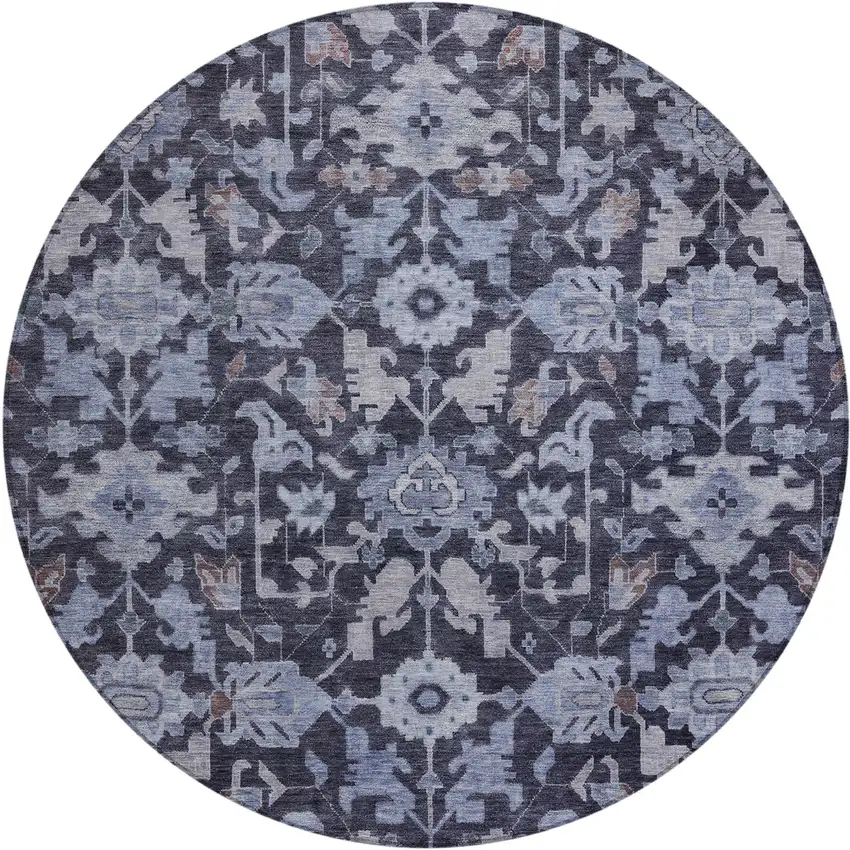 8' Navy Blue And Plum Round Floral Washable Indoor Outdoor Area Rug Photo 1