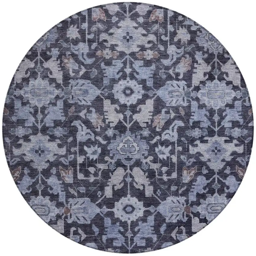 8' Navy Blue And Plum Round Floral Washable Indoor Outdoor Area Rug Photo 3