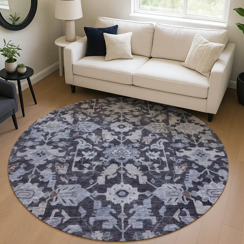 8' Navy Blue And Plum Round Floral Washable Indoor Outdoor Area Rug Photo 5