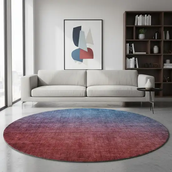 8' Navy Blue And Red Ombre Washable Round Rug With UV Protection Photo 2
