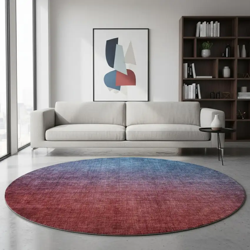 8' Navy Blue And Red Ombre Washable Round Rug With UV Protection Photo 2