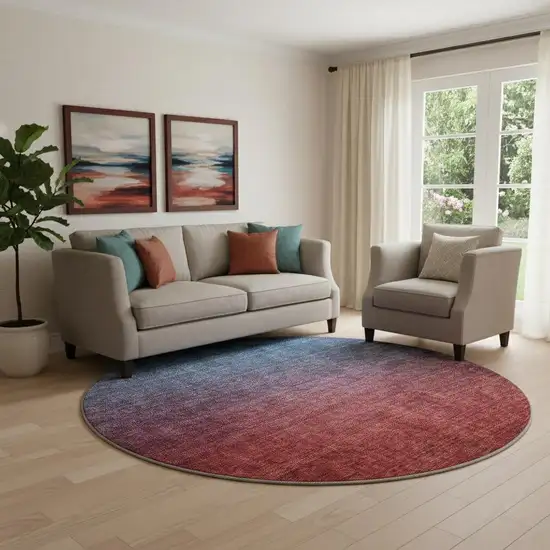 8' Navy Blue And Red Ombre Washable Round Rug With UV Protection Photo 1