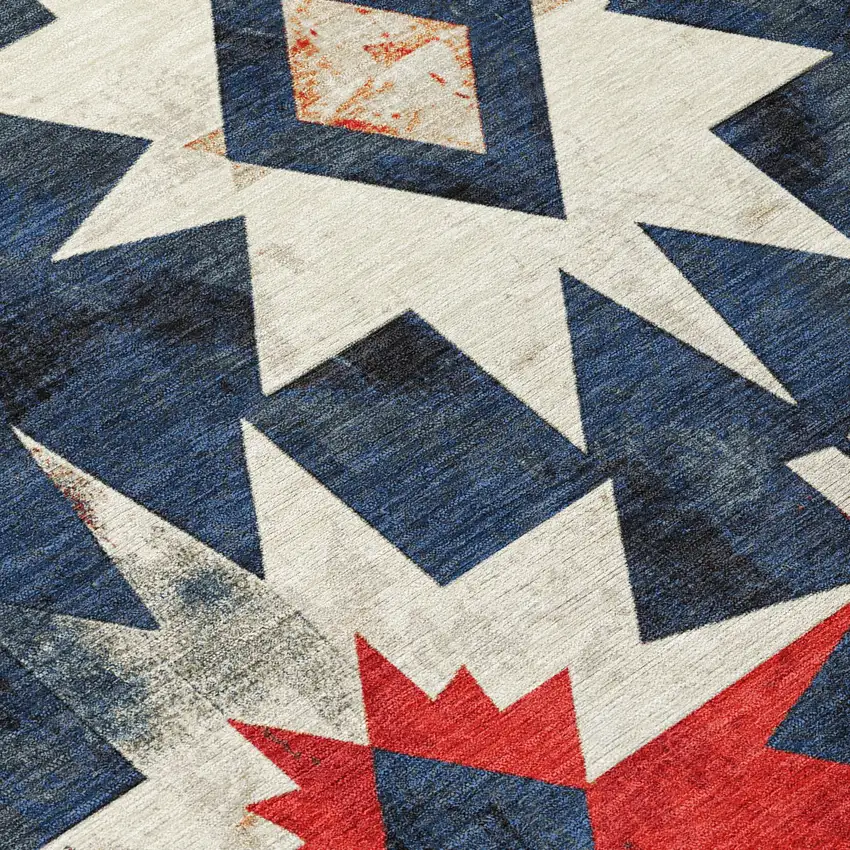 8' Navy Blue And Red Round Aztec Washable Indoor Outdoor Area Rug Photo 9