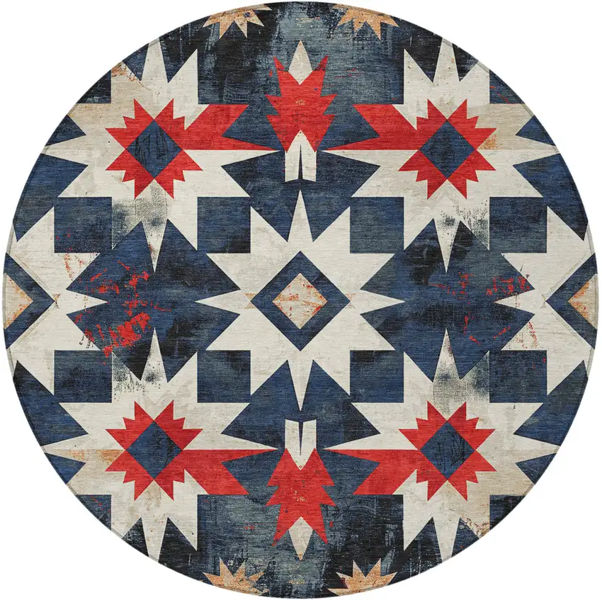 8' Navy Blue And Red Round Aztec Washable Indoor Outdoor Area Rug Photo 3