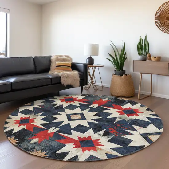 8' Navy Blue And Red Round Aztec Washable Indoor Outdoor Area Rug Photo 6