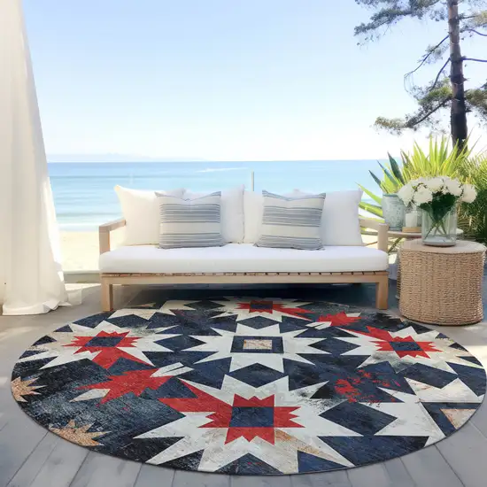 8' Navy Blue And Red Round Aztec Washable Indoor Outdoor Area Rug Photo 5