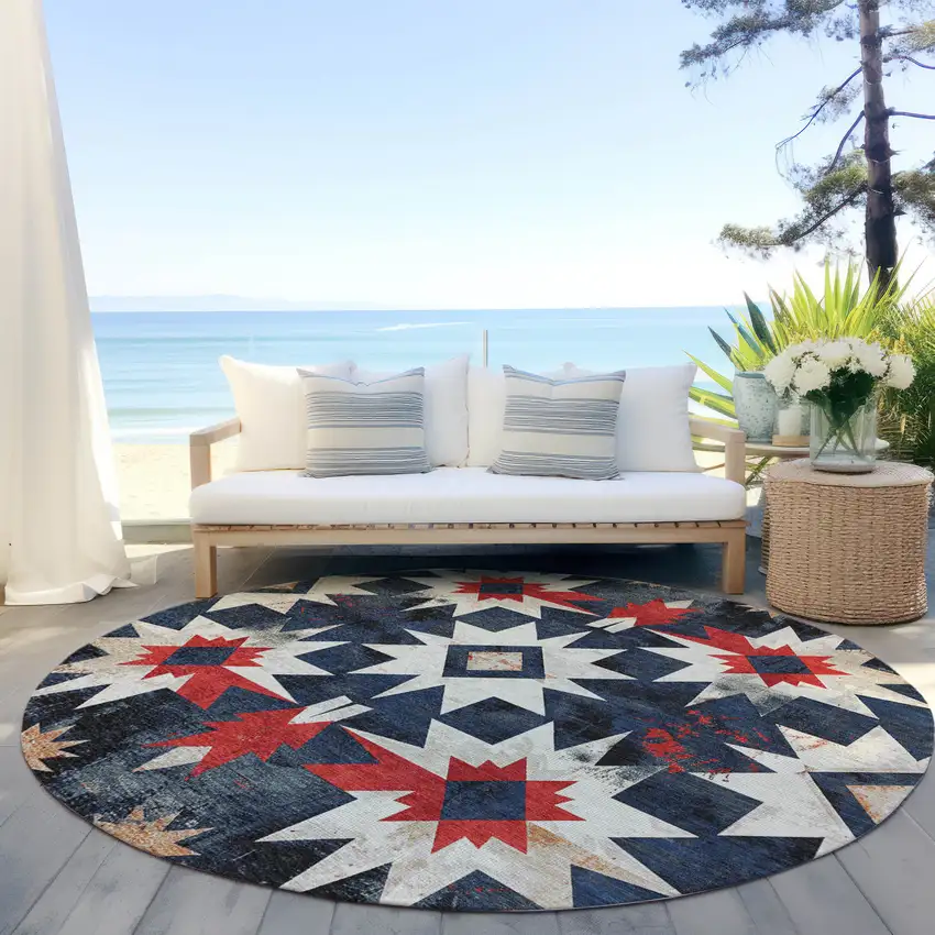 8' Navy Blue And Red Round Aztec Washable Indoor Outdoor Area Rug Photo 5