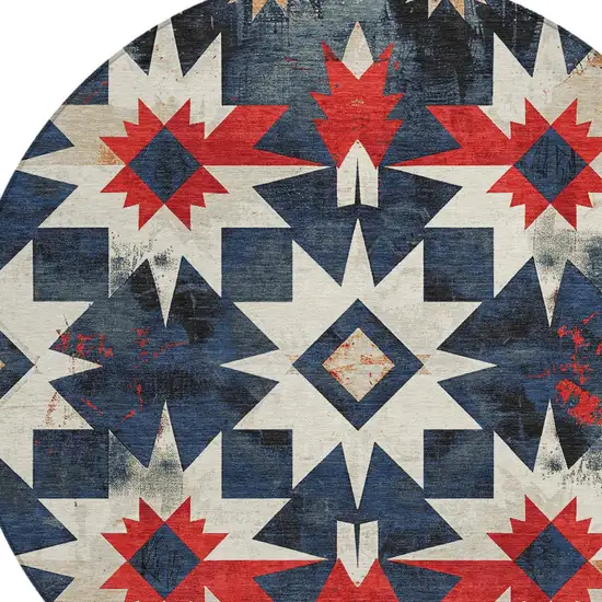 8' Navy Blue And Red Round Aztec Washable Indoor Outdoor Area Rug Photo 8