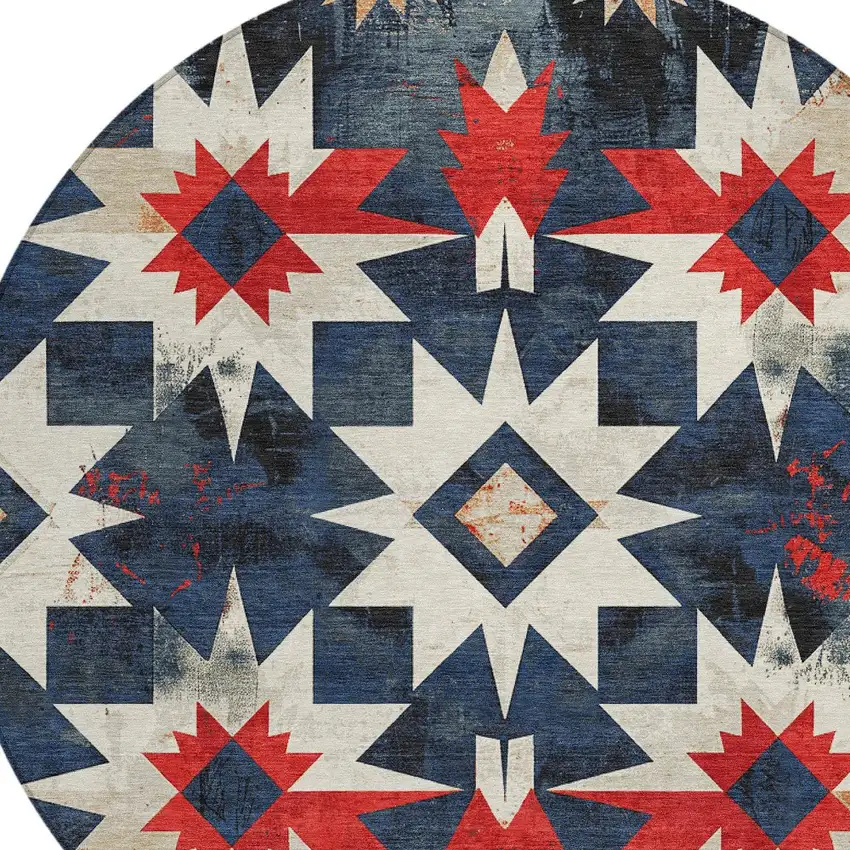 8' Navy Blue And Red Round Aztec Washable Indoor Outdoor Area Rug Photo 8