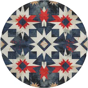 Photo of 8' Navy Blue And Red Round Aztec Washable Indoor Outdoor Area Rug