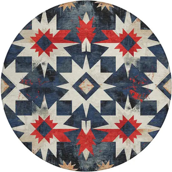 8' Navy Blue And Red Round Aztec Washable Indoor Outdoor Area Rug Photo 1