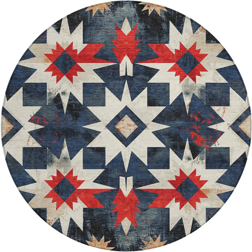 8' Navy Blue And Red Round Aztec Washable Indoor Outdoor Area Rug Photo 1
