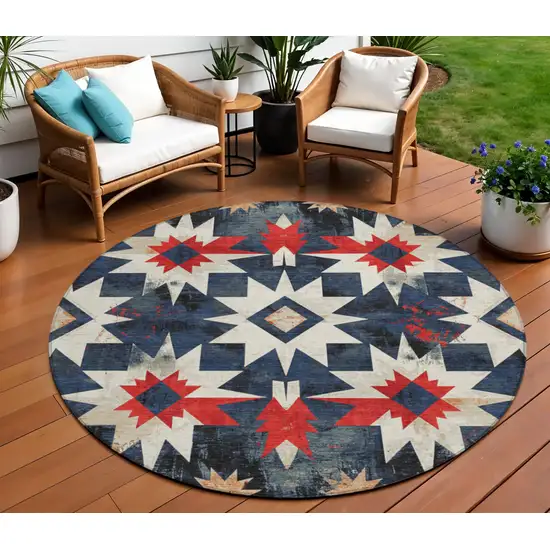8' Navy Blue And Red Round Aztec Washable Indoor Outdoor Area Rug Photo 2