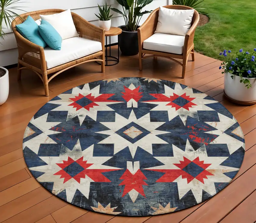 8' Navy Blue And Red Round Aztec Washable Indoor Outdoor Area Rug Photo 2