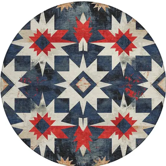 8' Navy Blue And Red Round Aztec Washable Indoor Outdoor Area Rug Photo 4