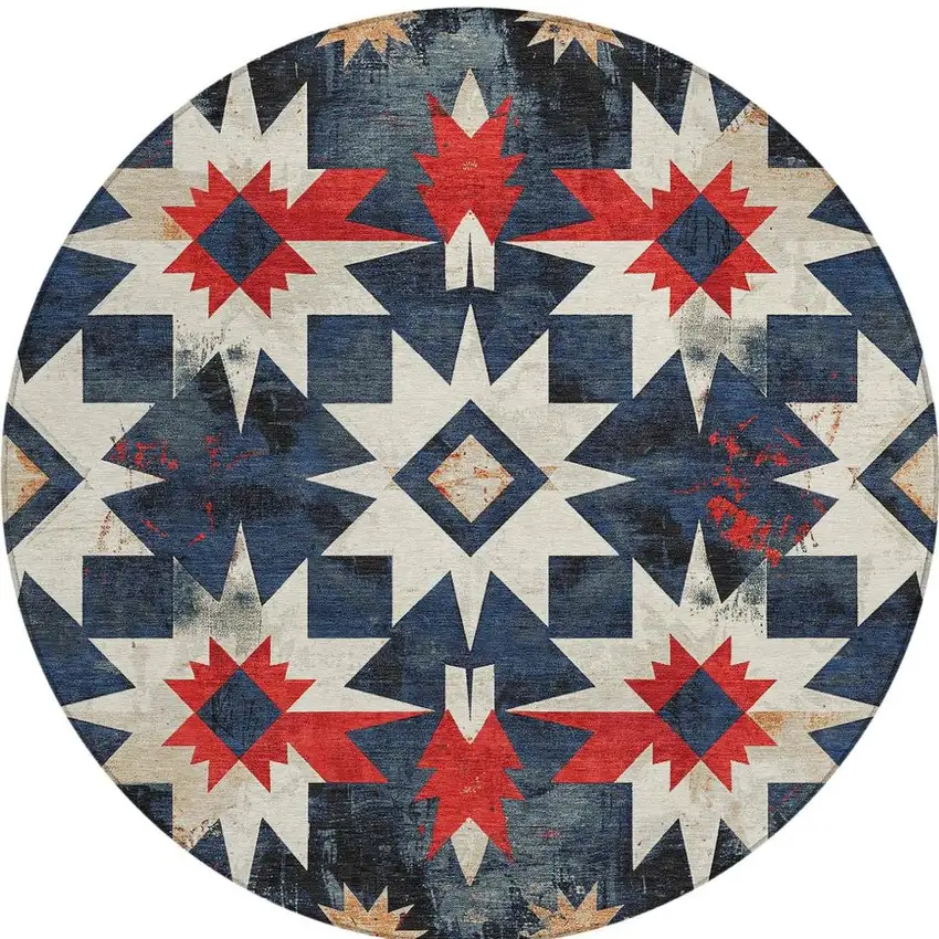 8' Navy Blue And Red Round Aztec Washable Indoor Outdoor Area Rug Photo 4