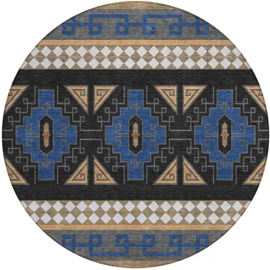 8' Navy Blue And Salmon Round Tribal Washable Indoor Outdoor Area Rug Photo 3