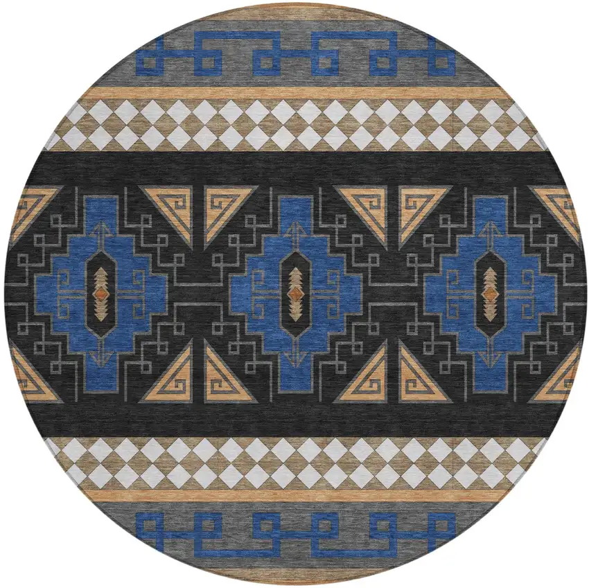 8' Navy Blue And Salmon Round Tribal Washable Indoor Outdoor Area Rug Photo 3