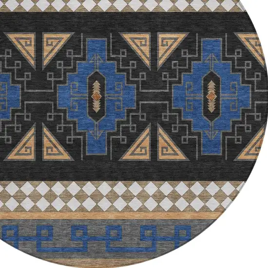 8' Navy Blue And Salmon Round Tribal Washable Indoor Outdoor Area Rug Photo 2