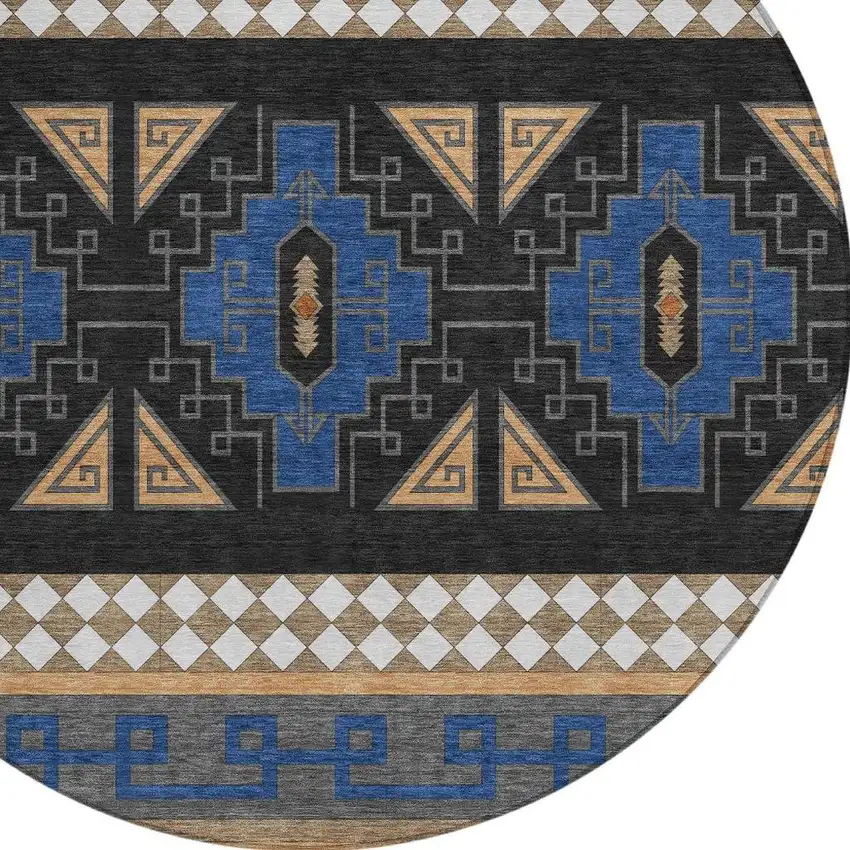 8' Navy Blue And Salmon Round Tribal Washable Indoor Outdoor Area Rug Photo 2