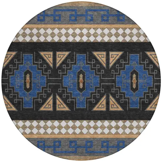 8' Navy Blue And Salmon Round Tribal Washable Indoor Outdoor Area Rug Photo 4
