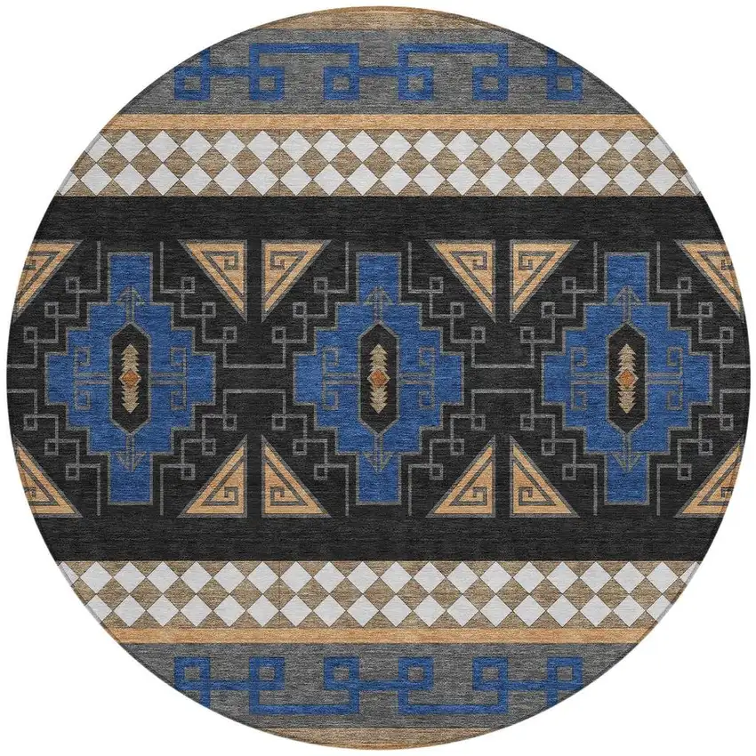 8' Navy Blue And Salmon Round Tribal Washable Indoor Outdoor Area Rug Photo 4