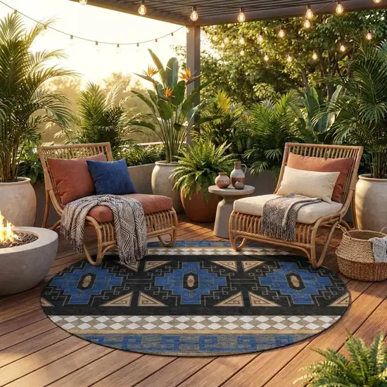 8' Navy Blue And Salmon Round Tribal Washable Indoor Outdoor Area Rug Photo 1