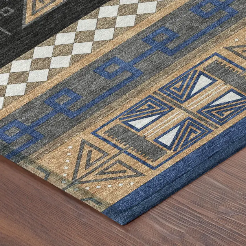 8' Navy Blue And Salmon Round Tribal Washable Indoor Outdoor Area Rug Photo 5