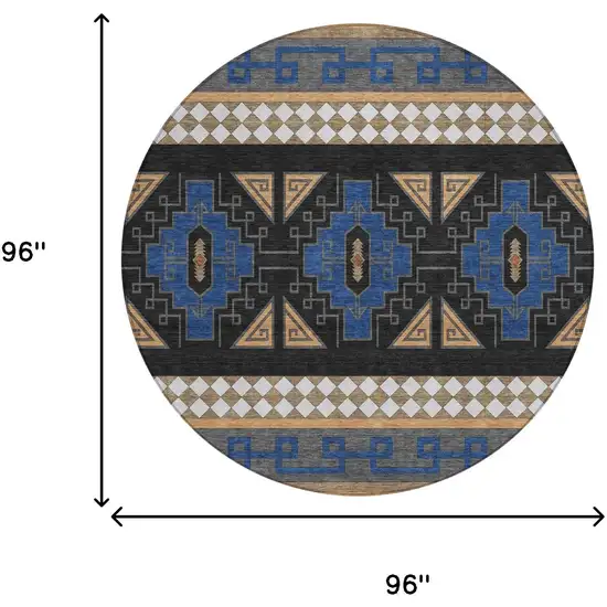 8' Navy Blue And Salmon Round Tribal Washable Indoor Outdoor Area Rug Photo 6