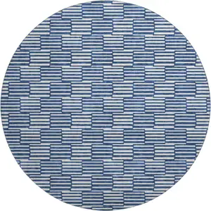 Photo of 8' Navy Blue And Silver Abstract Geometric Washable Round Rug With UV Protection