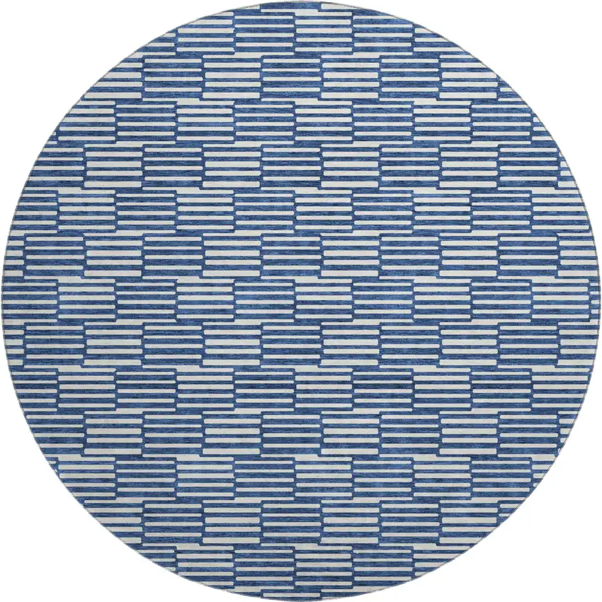8' Navy Blue And Silver Abstract Geometric Washable Round Rug With UV Protection Photo 1