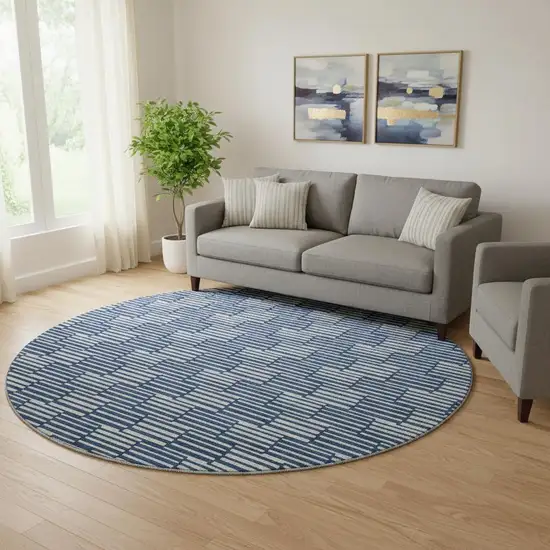 8' Navy Blue And Silver Abstract Geometric Washable Round Rug With UV Protection Photo 1