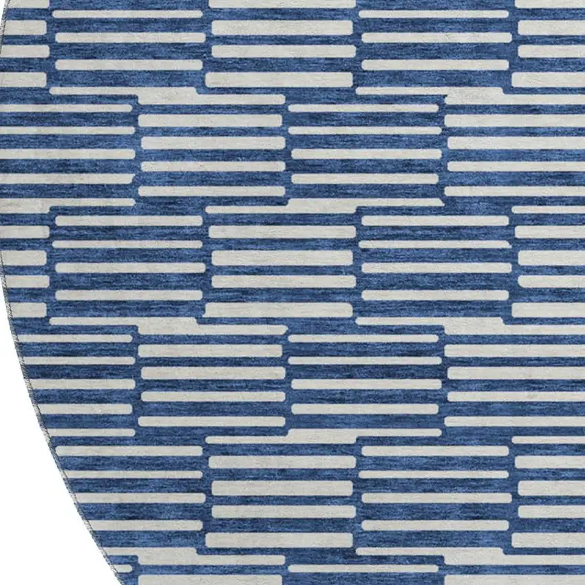 8' Navy Blue And Silver Abstract Geometric Washable Round Rug With UV Protection Photo 4