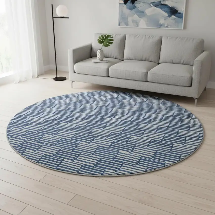 8' Navy Blue And Silver Abstract Geometric Washable Round Rug With UV Protection Photo 2