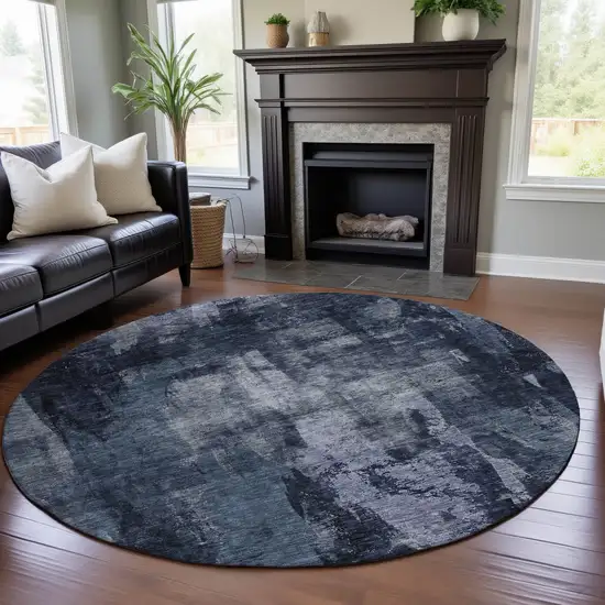 8' Navy Blue And Silver Abstract Washable Round Rug With UV Protection Photo 4