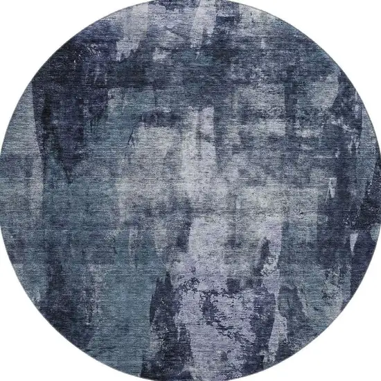 8' Navy Blue And Silver Abstract Washable Round Rug With UV Protection Photo 2