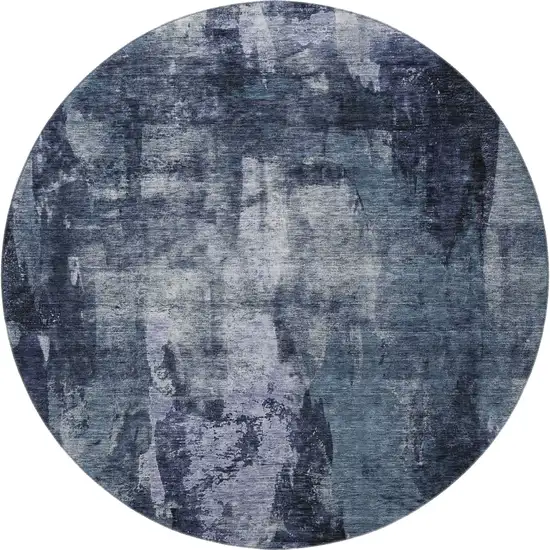 8' Navy Blue And Silver Abstract Washable Round Rug With UV Protection Photo 3