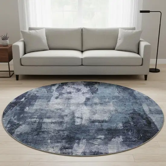 8' Navy Blue And Silver Abstract Washable Round Rug With UV Protection Photo 1