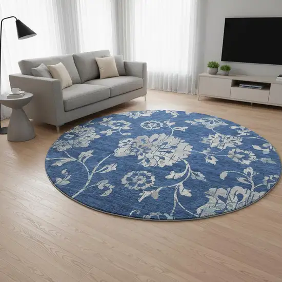 8' Navy Blue And Silver Floral Washable Round Rug With UV Protection Photo 2