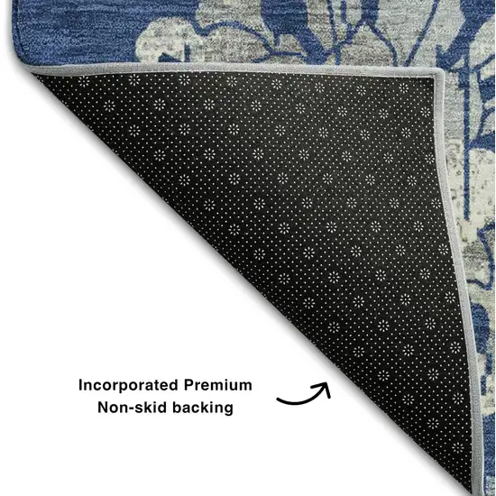 8' Navy Blue And Silver Floral Washable Round Rug With UV Protection Photo 5