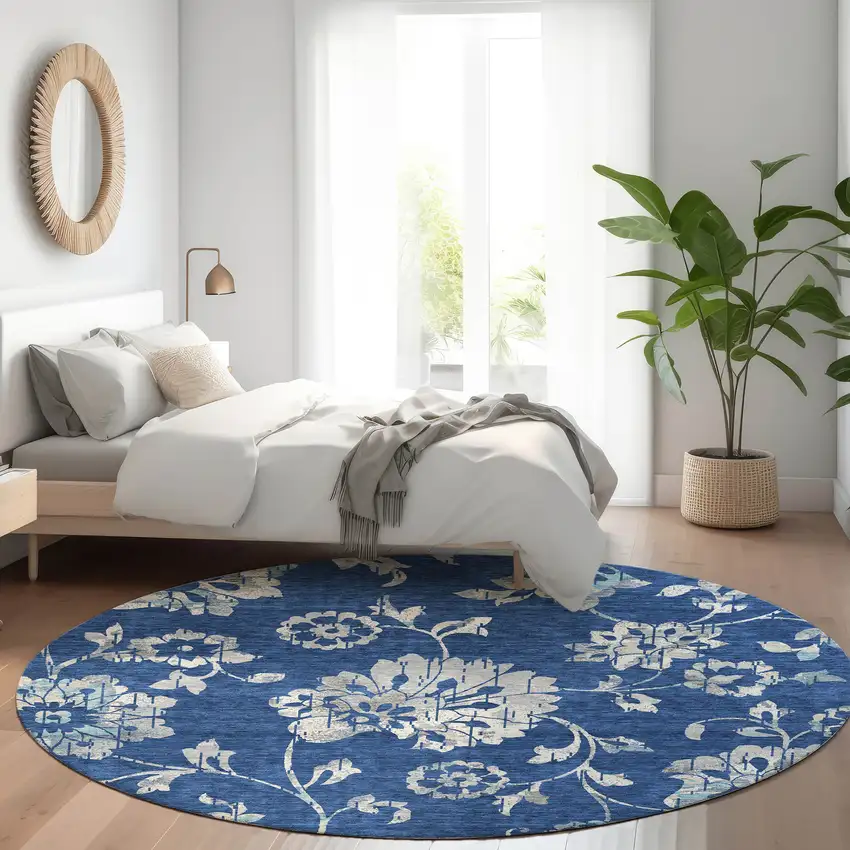 8' Navy Blue And Silver Floral Washable Round Rug With UV Protection Photo 4