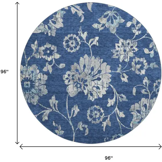 8' Navy Blue And Silver Floral Washable Round Rug With UV Protection Photo 9