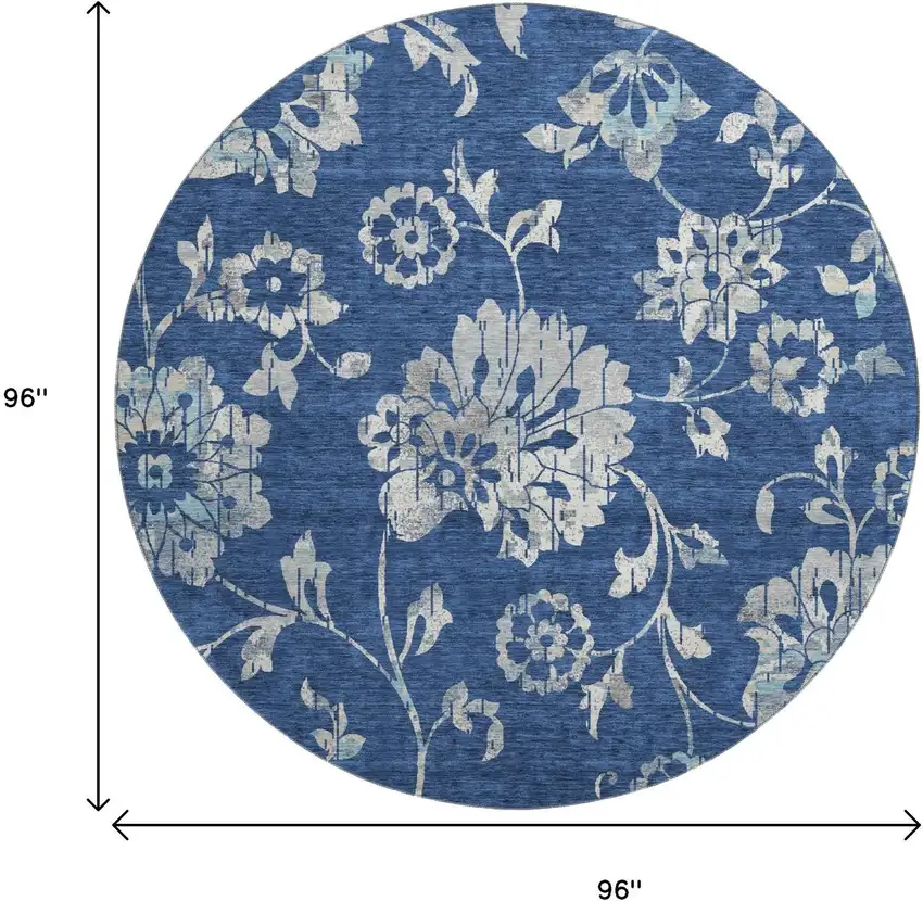 8' Navy Blue And Silver Floral Washable Round Rug With UV Protection Photo 9