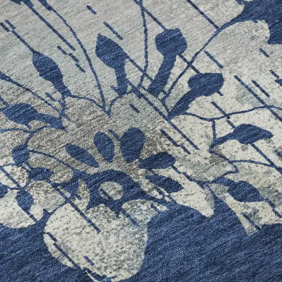 8' Navy Blue And Silver Floral Washable Round Rug With UV Protection Photo 8