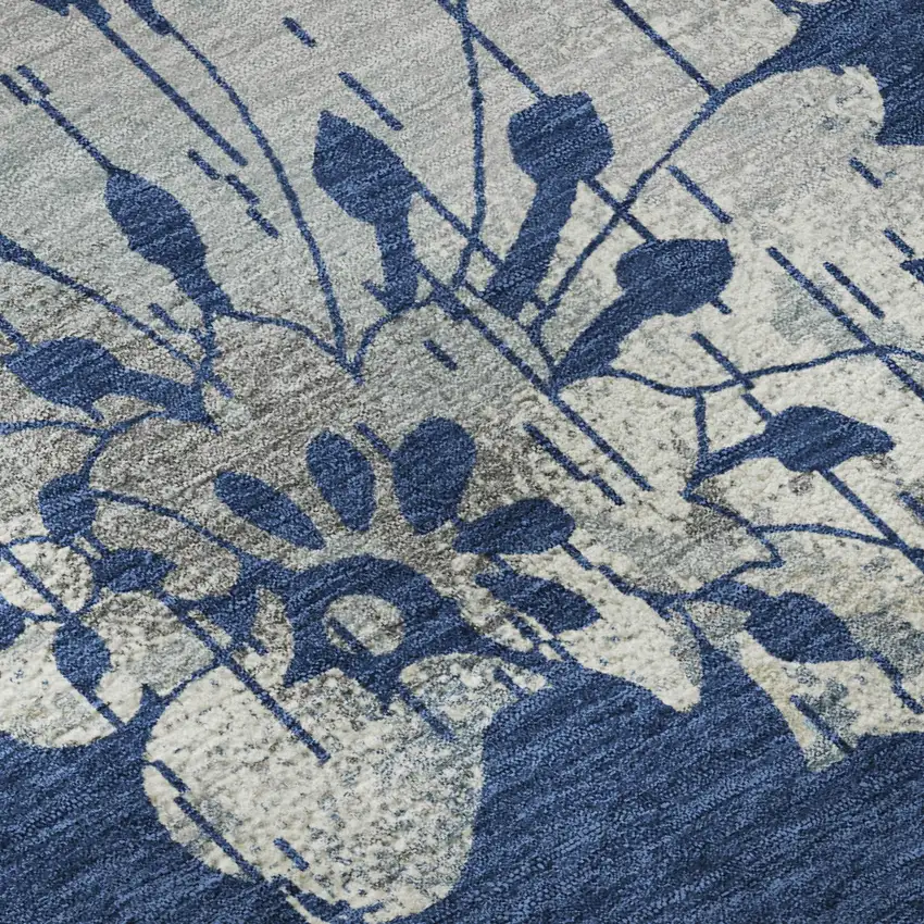 8' Navy Blue And Silver Floral Washable Round Rug With UV Protection Photo 8