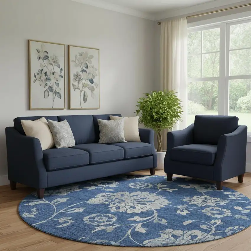 8' Navy Blue And Silver Floral Washable Round Rug With UV Protection Photo 1