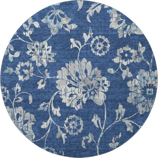 8' Navy Blue And Silver Floral Washable Round Rug With UV Protection Photo 3