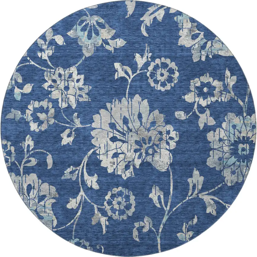8' Navy Blue And Silver Floral Washable Round Rug With UV Protection Photo 3
