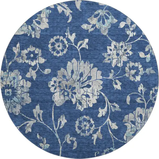 8' Navy Blue And Silver Floral Washable Round Rug With UV Protection Photo 1